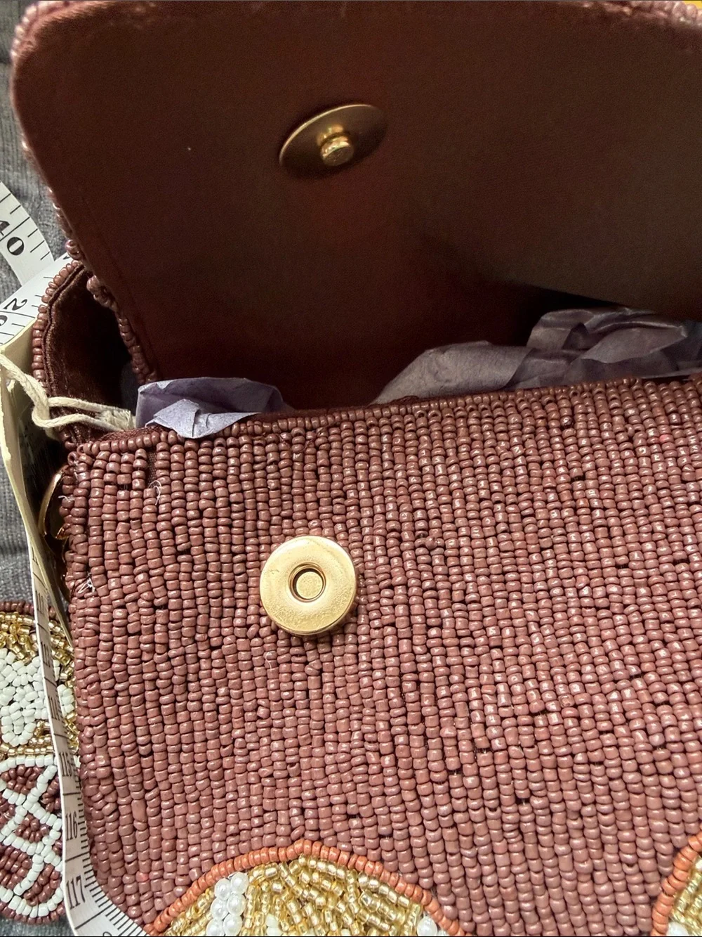 Sol and Mer Beaded Fall Football Motif Shoulder Bag - Brown Helmet Bag clip